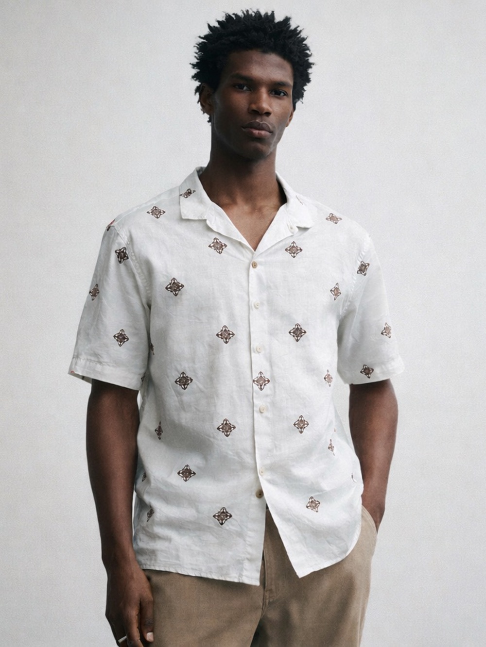 Zara Linen Blend Short Sleeve Button Up Shirt XL White Brown Print NWT